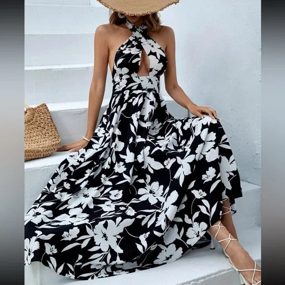 Boho Tropical Floral Print Criss Cross Back Tie Backless Halter Dress Black - Picture 3 of 6